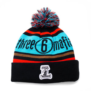 Knitted Pom Beanie 'Hypnotize Minds" Black / Teal / Infrared